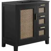 Dixie 36" Bathroom Vanity Cabinet in Black, Rattan & Black Ceramic
