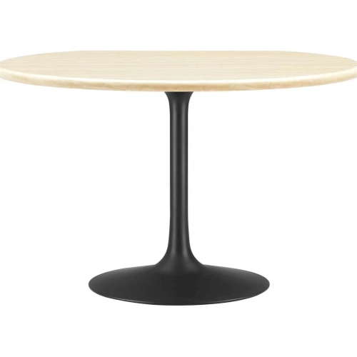 Lippa 48" Round Dining Table in Black Metal & Faux Travertine