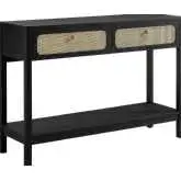 Chaucer Entryway Console Table in Black Wood Grain & Rattan