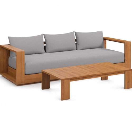 Tahoe Outdoor 2 Piece Sofa & Coffee Table Set in Natural Acacia Wood & Light Gray Fabric