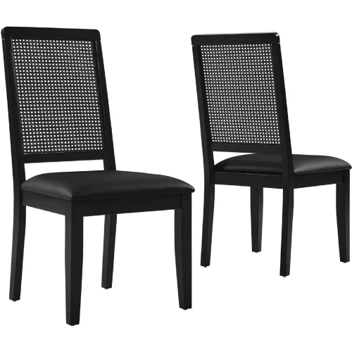 Arlo Dining Chair in Black Wood, Black PE Rattan & Black Vegan Leather (Set of 2)