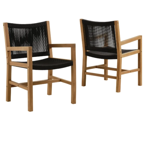 Vienna Outdoor Dining Arm Chair in Black Rope & Teak Wood (Set of 2)