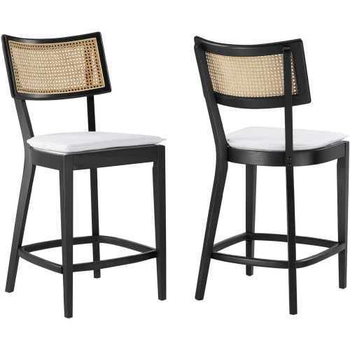 Caledonia Counter Stool in Black Wood, Rattan & White Fabric (Set of 2)