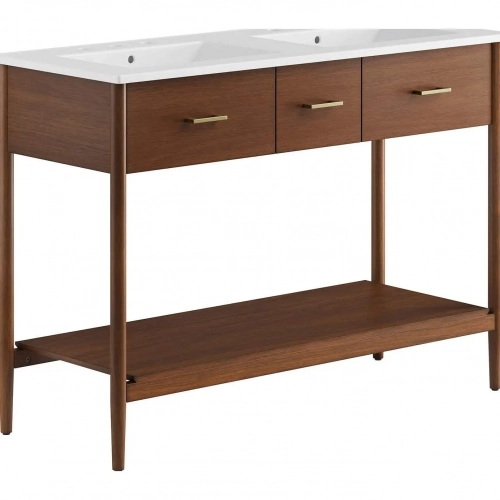 Zaire 48" Double Sink Bathroom Vanity in White Ceramic & Walnut Finish Wood