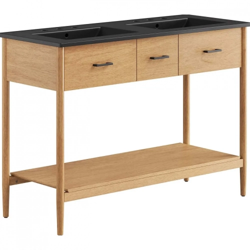 Zaire 48" Double Sink Bathroom Vanity in Black Ceramic & Natural Finish Wood