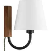 Sunlit Swivel Wall Sconce in Walnut Finish Wood, Black Metal & White Fabric