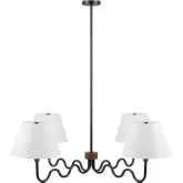 Sunlit Squiggle 4 Arm Ceiling Pendant Light in Walnut Finish, Black Metal & White Fabric