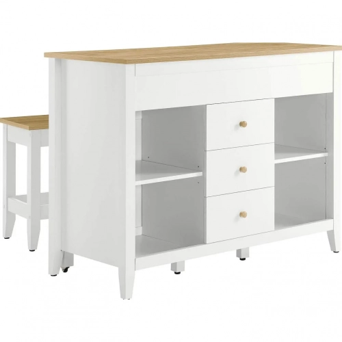 Farmstead 3 Piece Kitchen Island & Stool Set in White & Oak Finish