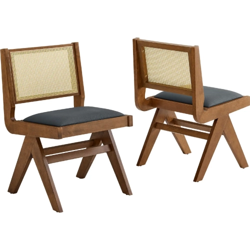 Thera Dining Chair in Black Vegan Leather, Walnut Finish & Cane (Set of 2)