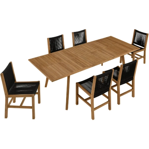 Vienna 7 Piece Outdoor Dining Set with Armless Chairs in Black Rope & Teak