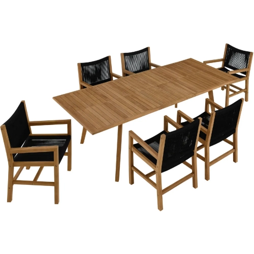 Vienna 7 Piece Outdoor Dining Set with Arm Chairs in Black Rope & Teak