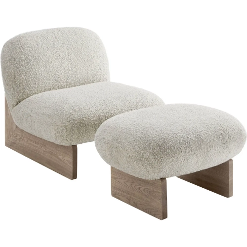Loyal Accent Chair & Ottoman Set in Pearl Boucle Fabric & Oak Finish Wood
