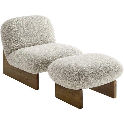 Loyal Accent Chair & Ottoman Set in Rock Boucle Fabric & Walnut Finish Wood