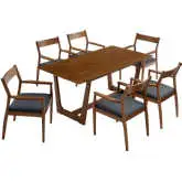 Solara 7 Piece Dining Set in Walnut Wood Finish & Black Vegan Leather Arm Chair