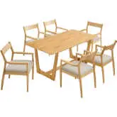 Solara 7 Piece Dining Set in Natural Wood Finish & Beige Fabric Arm Chair
