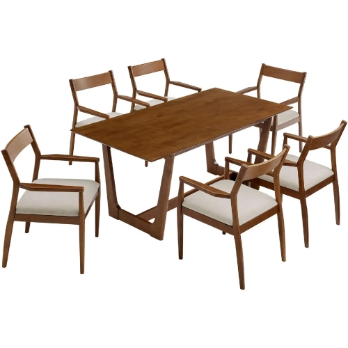 Solara 7 Piece Dining Set in Walnut Wood Finish & Beige Fabric Arm Chair