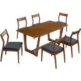 Solara 7 Piece Dining Set in Walnut Wood Finish & Black Vegan Leather Chair