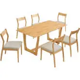 Solara 7 Piece Dining Set in Natural Wood Finish & Beige Fabric Chair
