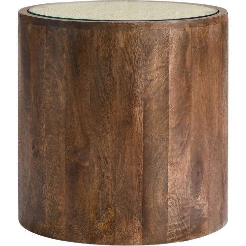 Truett Round Side Table in Walnut Finish Wood, Rattan & Tempered Glass