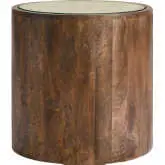 Truett Round Side Table in Walnut Finish Wood, Rattan & Tempered Glass