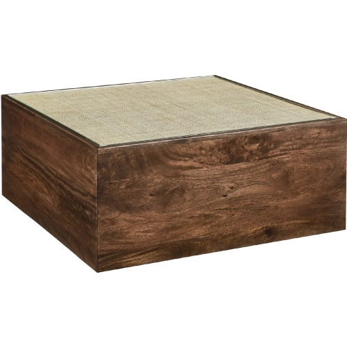Truett Square Coffee Side Table in Walnut Finish Wood, Rattan & Tempered Glass