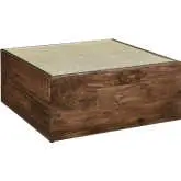 Truett Square Coffee Side Table in Walnut Finish Wood, Rattan & Tempered Glass