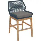 Wellspring Outdoor Counter Stool in Teak, Blue Rope & Gray Fabric
