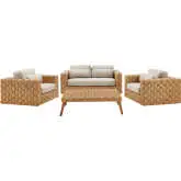 Thames 4 Piece Outdoor Loveseat Set in Natural Wicker Rattan & Gray Fabric