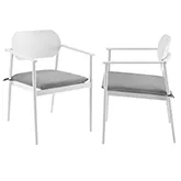 Aeris Stackable Outdoor Dining Arm Chair in White Aluminum & Gray Fabric (Set of 2)