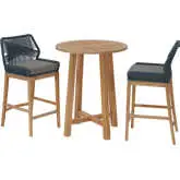 Wellspring 3 Piece Outdoor Bar Set in Teak, Blue Rope & Gray Fabric