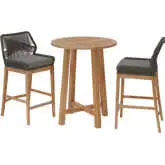 Wellspring 3 Piece Outdoor Bar Set in Teak, Gray Rope & Gray Fabric