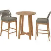 Wellspring 3 Piece Outdoor Bar Set in Teak, Light Gray Rope & Greige Fabric