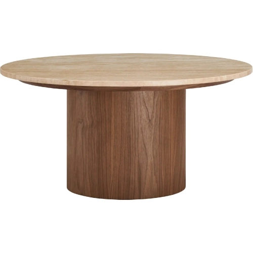 Kioni Round Coffee Table in Brown Travertine & Walnut Veneer