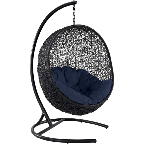 Encase Swing Outdoor Lounge Chair in Poly Rattan with Navy Cushion