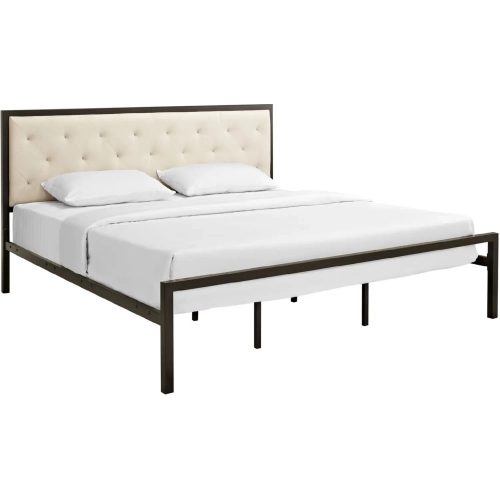Mia King Bed in Tufted Beige Fabric & Brown Metal
