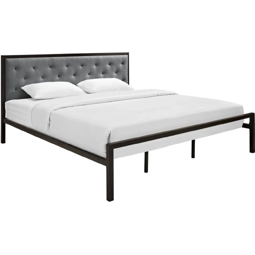 Mia King Bed inTufted Gray Fabric Bed & Brown Metal