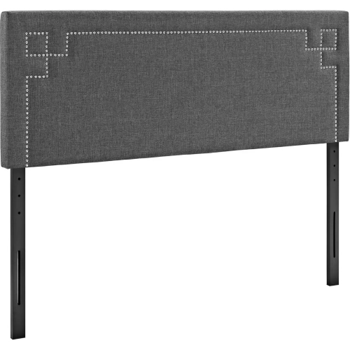 Josie Queen Fabric Headboard in Gray with Geometric Nailhead Trim