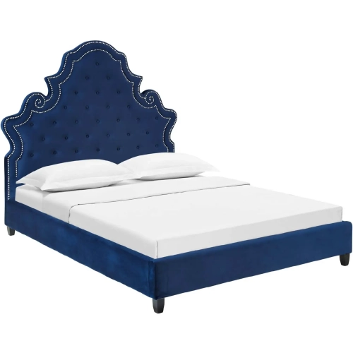 Valentina Queen Platform Bed in Tufted Navy Blue Velvet with Nailhead