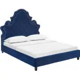Valentina Queen Platform Bed in Tufted Navy Blue Velvet with Nailhead