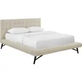 Julia Queen Platform Bed in Biscuit Tufted Beige Velvet