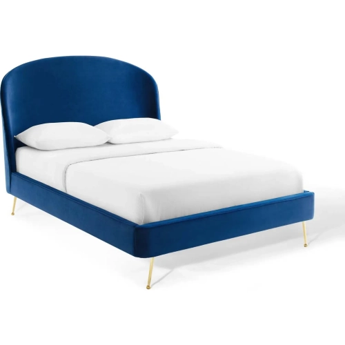Mira Queen Platform Bed in Navy Blue Velvet on Gold Steel Legs