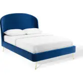 Mira Queen Platform Bed in Navy Blue Velvet on Gold Steel Legs