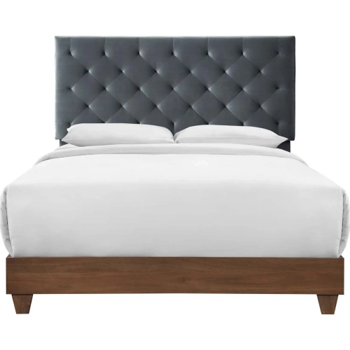Rhiannon Queen Bed in Walnut & Diamond Tufted Charcoal Gray Fabric