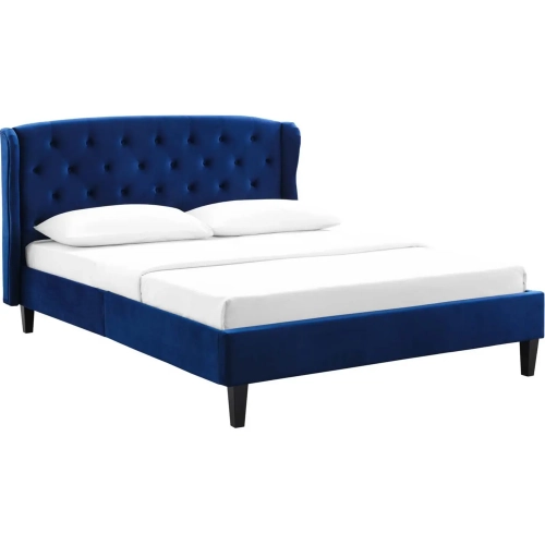 Penelope Wingback Queen Platform Bed in Tufted Navy Fabric