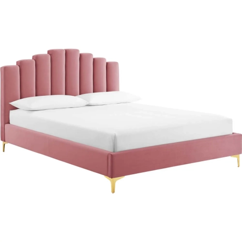 Olivia Queen Platform Bed in Channel Tufted Dusty Rose Velvet