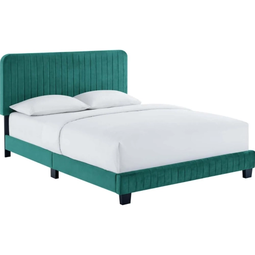 Celine Full Platform Bed in Channel Tufted Teal Performance Velvet
