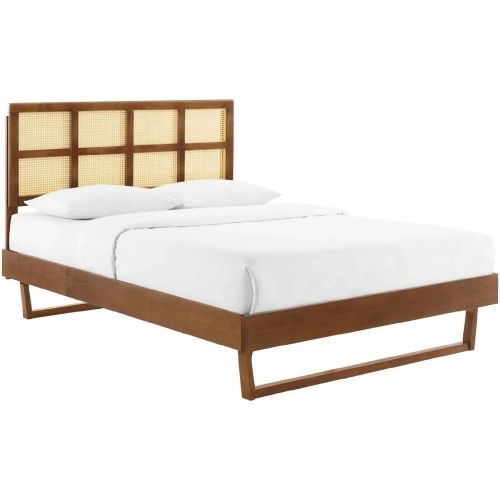 Sidney King Platform Bed in Cane & Walnut Finish with Angular Legs