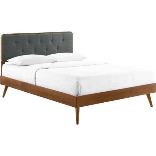 Bridgette Queen Platform Bed with Splayed Legs in Walnut & Tufted Charcoal Fabric