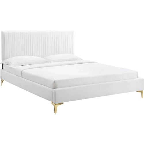 Peyton Queen Platform Bed in Channel Tufted White Velvet with Gold Metal Legs