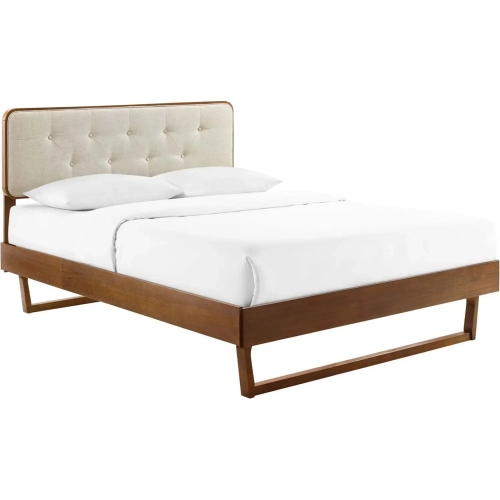 Bridgette Full Platform Bed with Angular Frame in Walnut & Tufted Beige Fabric